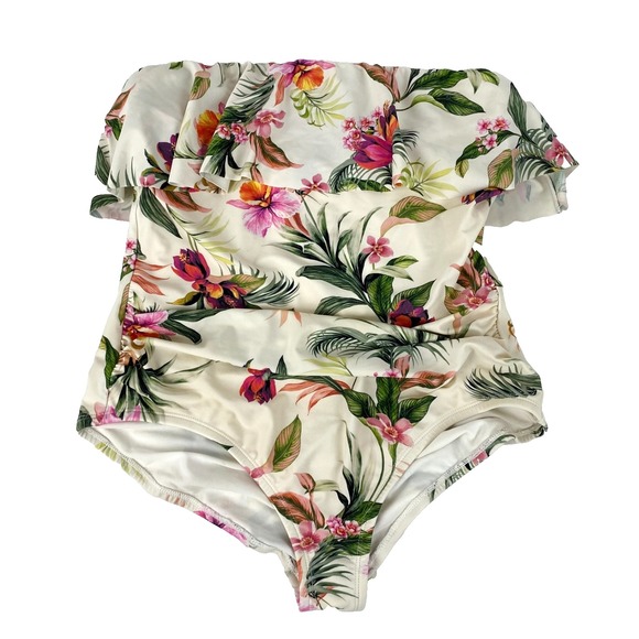 Kona Sol One Piece Swimsuit Women's M Padded Floral Flounce Bandeau Bathing Suit - Picture 2 of 6